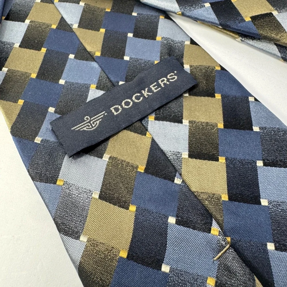 Dockers‎ Mens Necktie Blue Gold Gray Geometric Block Checkered Stain Resistant